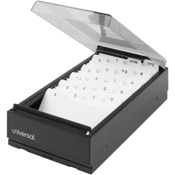 A black Universal business card file box with white letters in it.