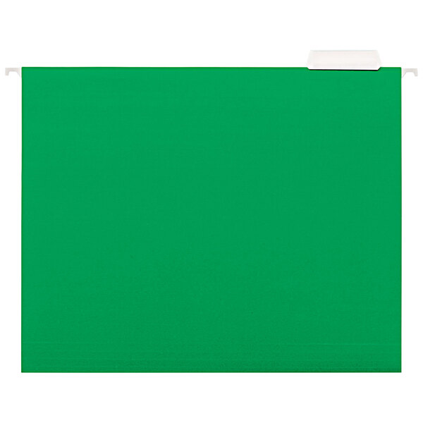 A green letter size hanging file folder with a white tab.