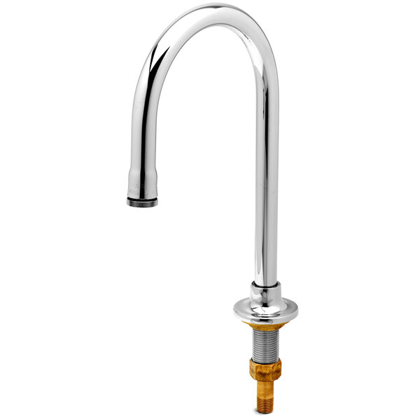 A silver T&S deck mounted faucet with a gold nut.