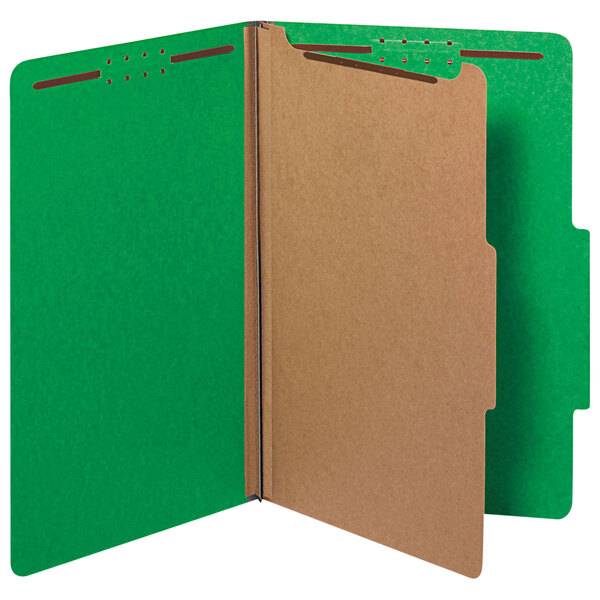 A brown rectangular file folder with green corners.
