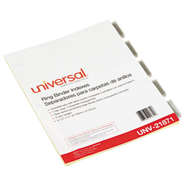 Universal Clear 5-Tab Insertable Index Dividers with white tabs and 3-ring binder holes.