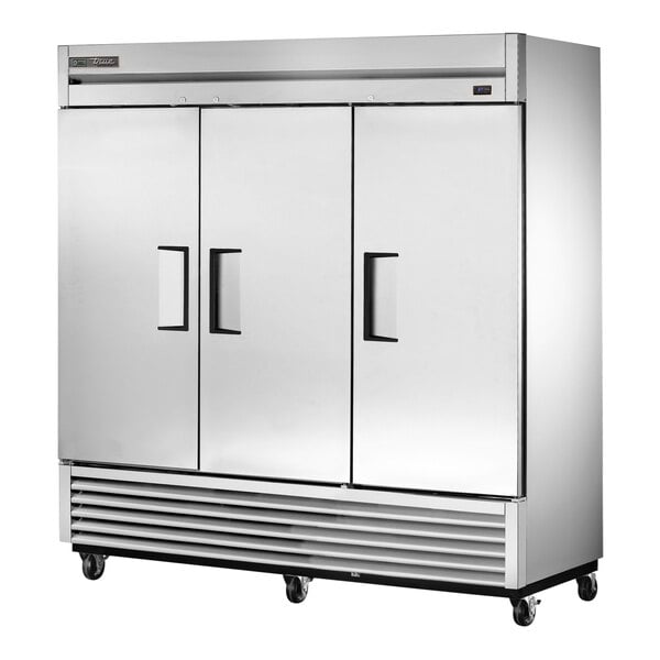 A large silver True T-72-HC reach-in refrigerator with two solid doors.