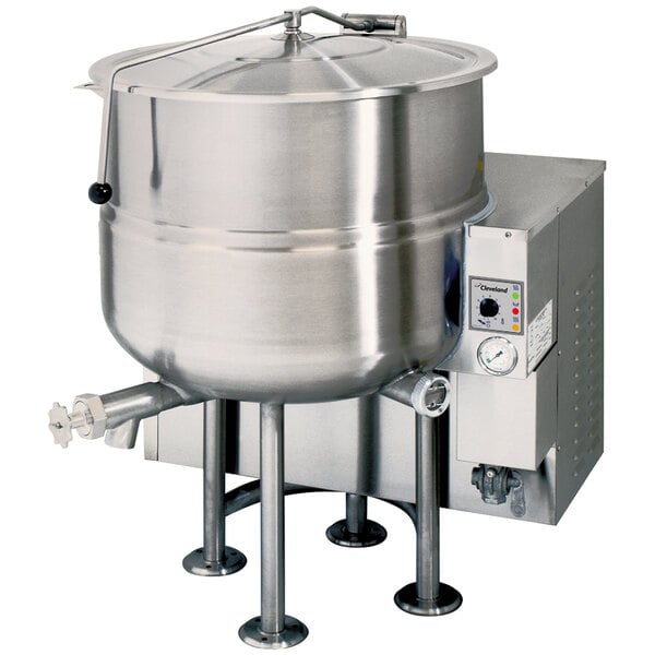 A Cleveland 40 gallon stainless steel steam kettle with a lid.