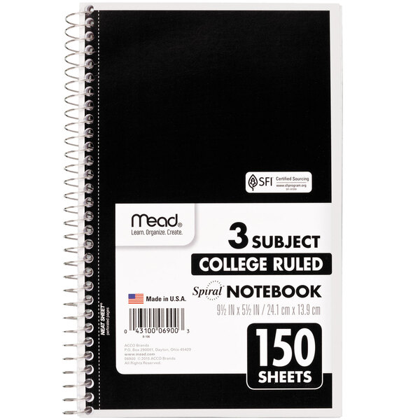 A Mead college-ruled 3 subject spiral notebook with a black cover.