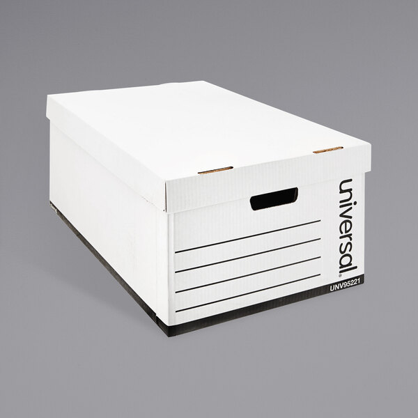 A white Universal legal sized fiberboard storage box with a lift-off lid.