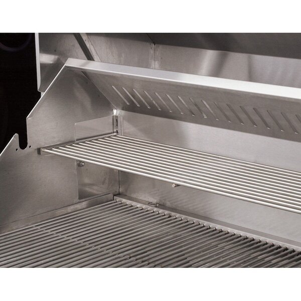 A stainless steel Crown Verity bun rack and warming rack on a grill.