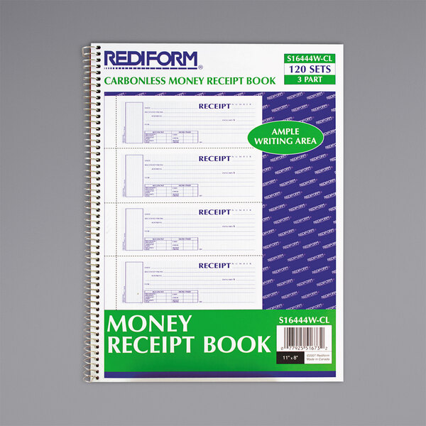 A Rediform carbonless receipt book with a flexible white cover.