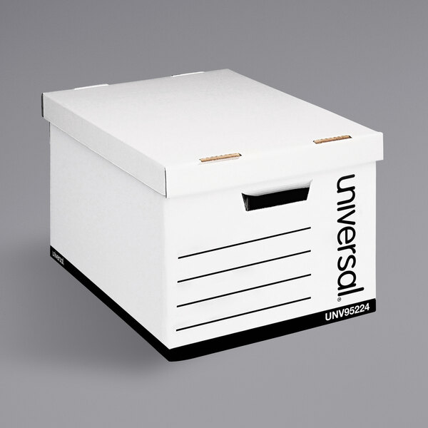 A white Universal heavy duty storage box with a lift-off lid and black text.