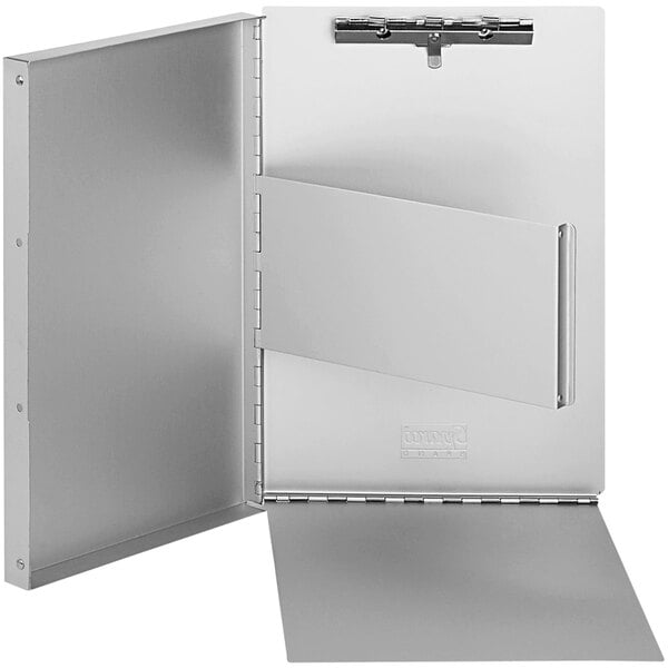 A white rectangular aluminum clipboard with a metal clip and silver metal handle.