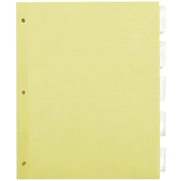 A yellow file folder with Universal Buff Clear tab dividers with holes in it.