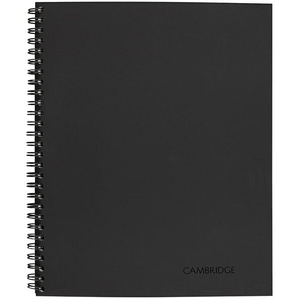 A black Cambridge notebook with spiral binding.