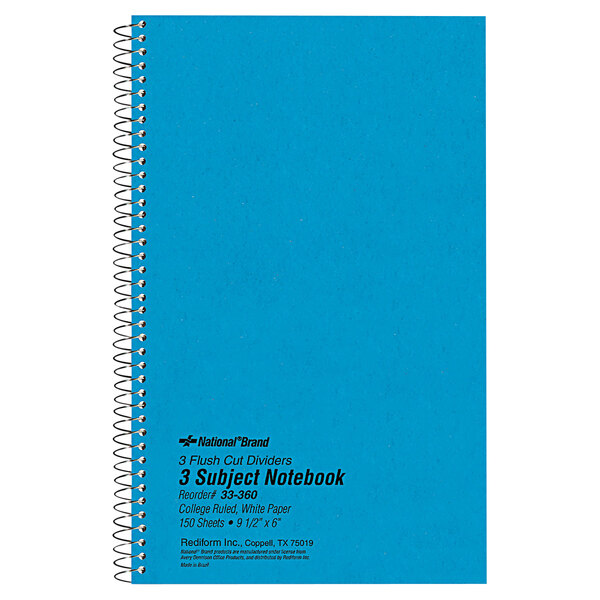 A blue National College Rule 3 Subject spiral bound notebook.