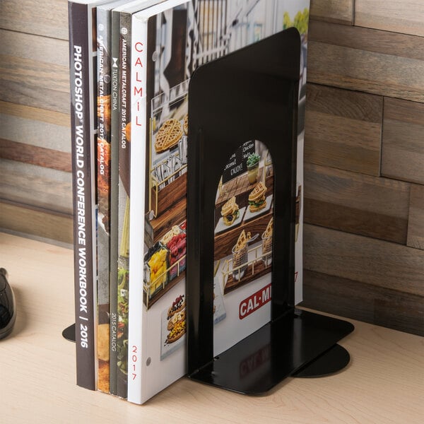 A black steel Universal Economy Standard Bookend holding books on a shelf.