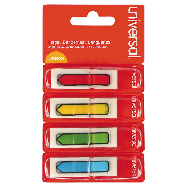 A red and white Universal pack of 4 assorted color page flags with a red container.