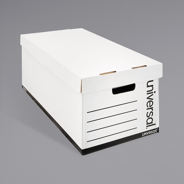 A white Universal fiberboard storage box with a lift-off lid.