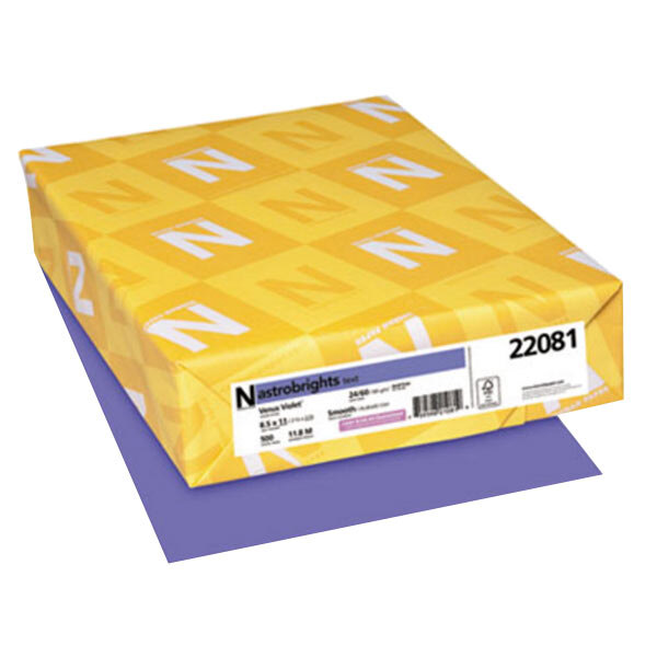 A package of Astrobrights Venus Violet copy paper with a label on it.