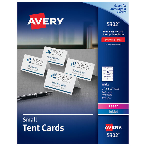 A white and blue box of Avery® white small tent cards with several business cards inside.