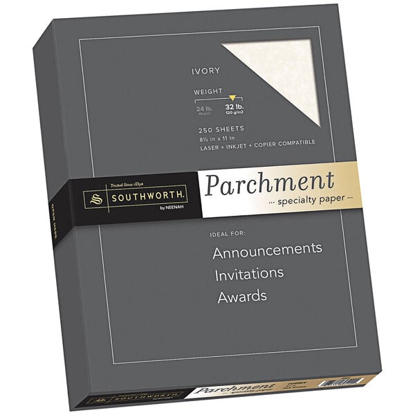 A box of Southworth ivory parchment paper with a black label.