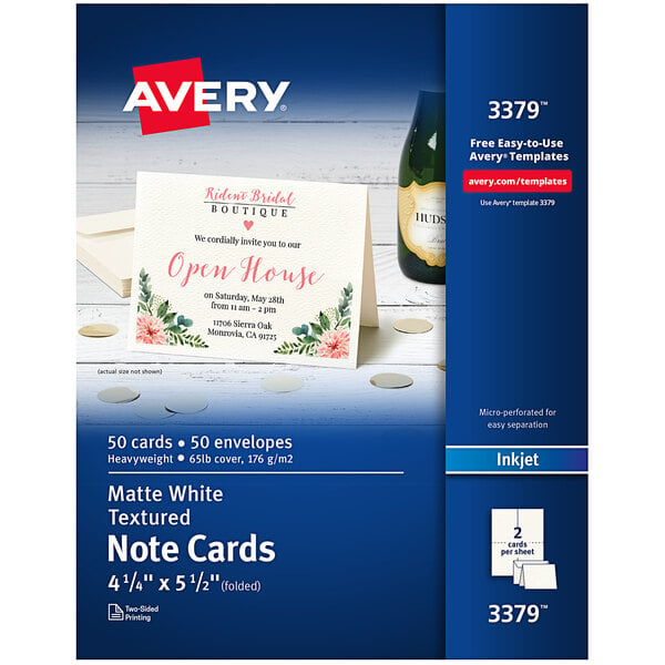 A package of white Avery note cards with envelopes. The front of the package shows blue and white note cards.