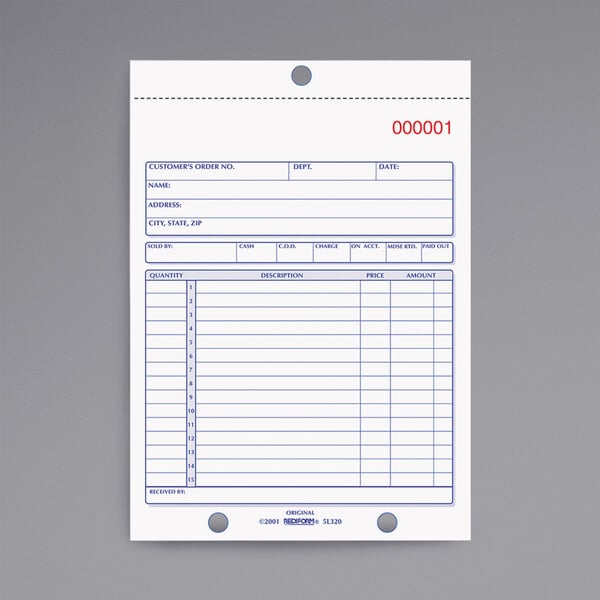 A Rediform carbonless sales receipt with blue lines and a number.