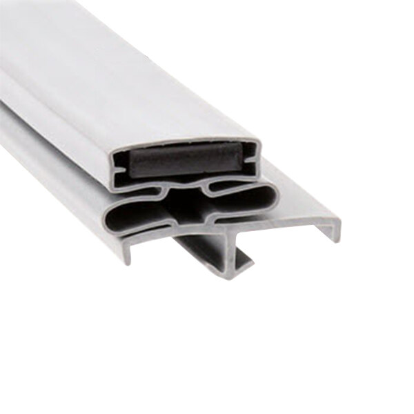 A close-up of a white plastic gasket with a pair of aluminum profiles.