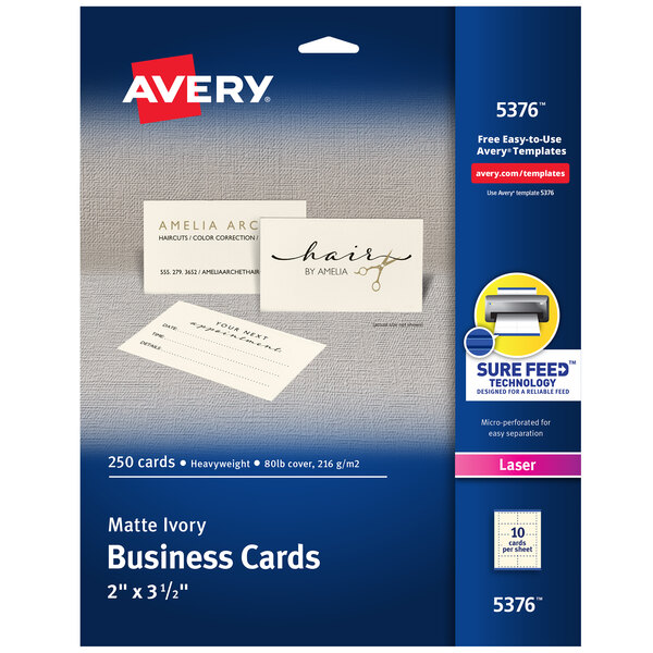 The blue and white box of Avery Matte Ivory Business Cards with a close up of a business card.
