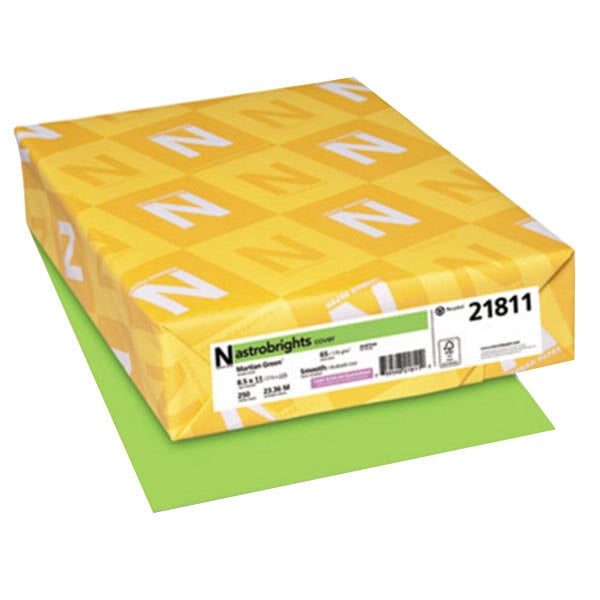 A yellow and green package of Astrobrights Martian Green cardstock paper.