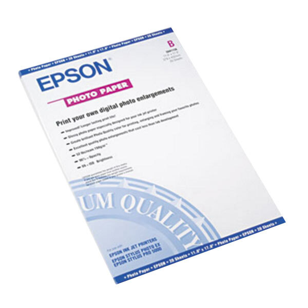 A package of white Epson photo paper with blue text on a white label.
