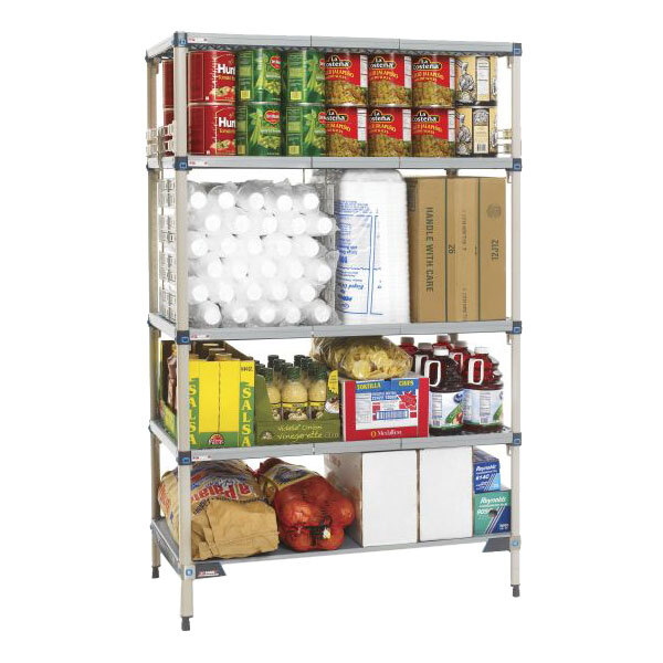 A MetroMax Q shelving unit with food items on it.