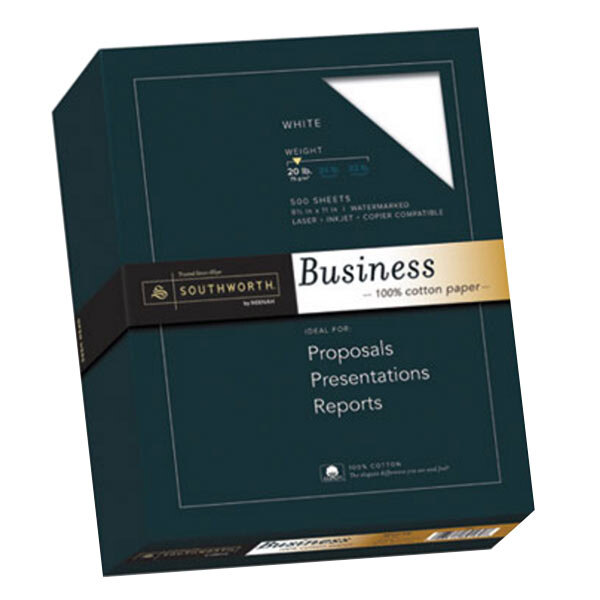 A white box of Southworth 100% cotton business paper with a black label.