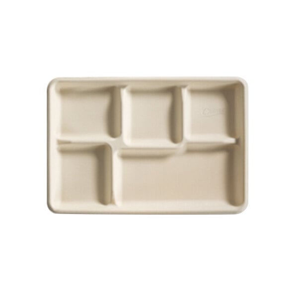 A white Huhtamaki Chinet cafeteria tray with 5 compartments.