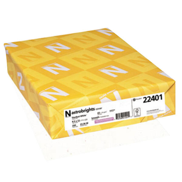 A yellow package of Astrobrights Stardust White cardstock with white text on it.