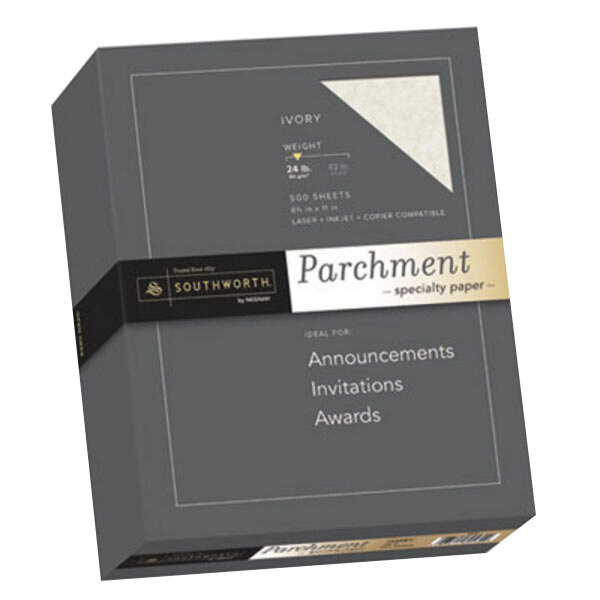 A box of Southworth ivory parchment paper with a white label.