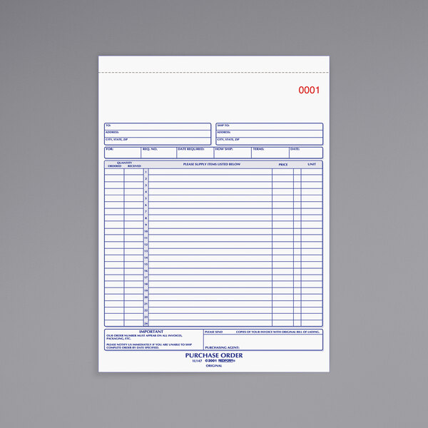 A white paper with blue lines on a Rediform Office 3-Part Carbonless Purchase Order Book.