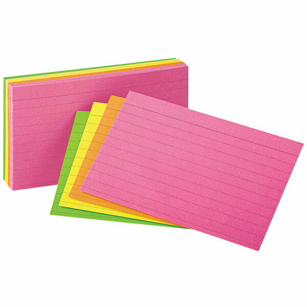 A pack of Universal neon glow ruled index cards with several colorful lined cards.
