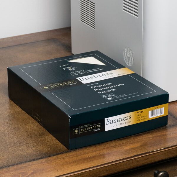A white box of Southworth business paper on a table with a label.