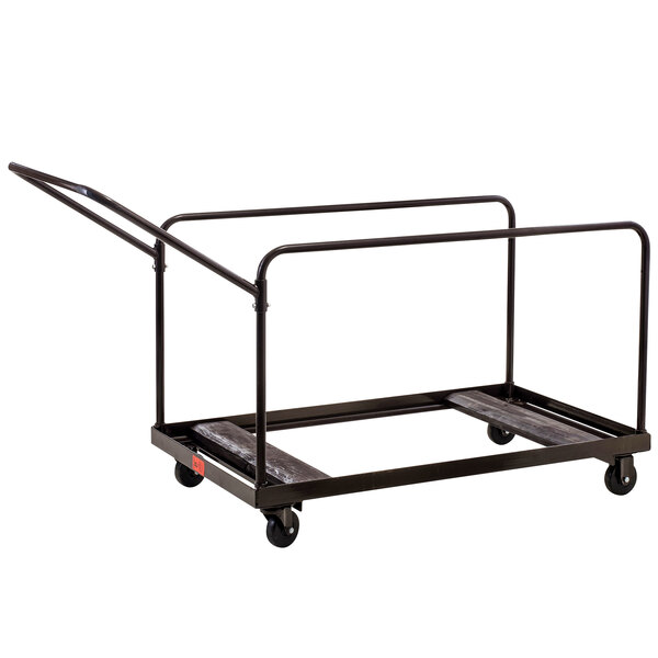 A black metal National Public Seating multi-use folding table dolly with wheels.