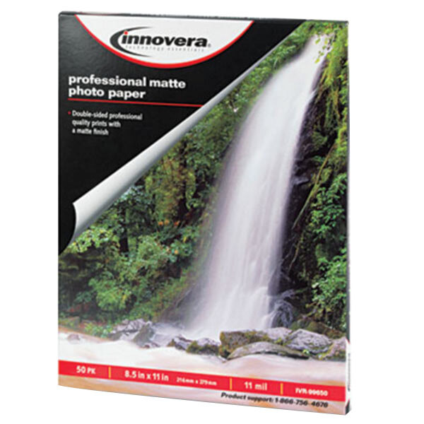 A box of Innovera matte heavy weight photo paper with a black and white label.
