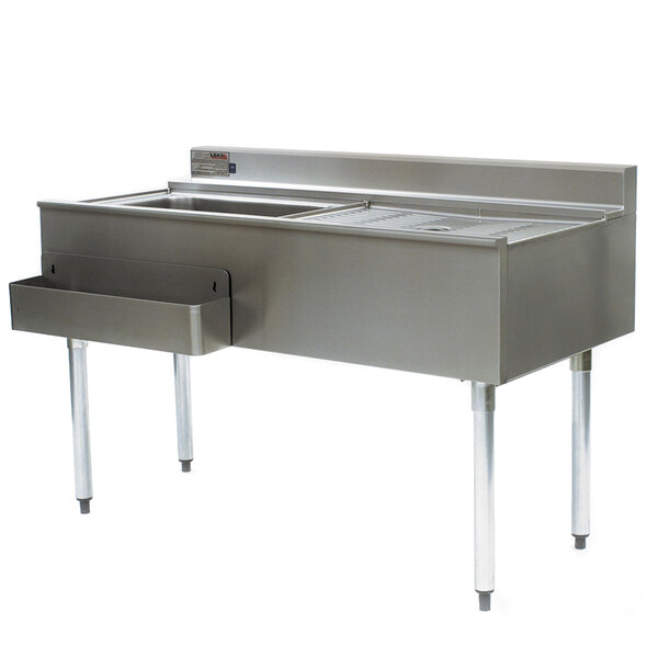 A stainless steel Eagle Group underbar work station with left mount ice bin and drain board.