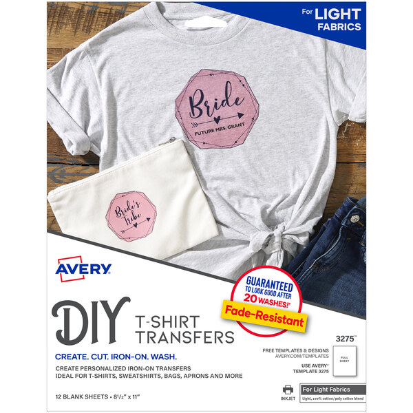 A package of Avery printable t-shirt transfer paper for light fabrics with a white background and the Avery logo in pink.
