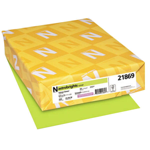 A yellow box of Astrobrights Vulcan Green cardstock paper with white and yellow label.