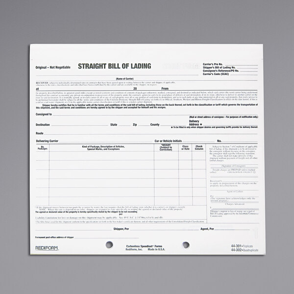 A white Rediform Office 3-part carbonless bill of lading form with black text.