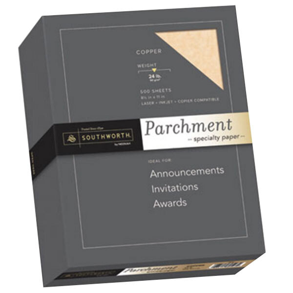 A box of Southworth Copper Parchment paper with a white label.