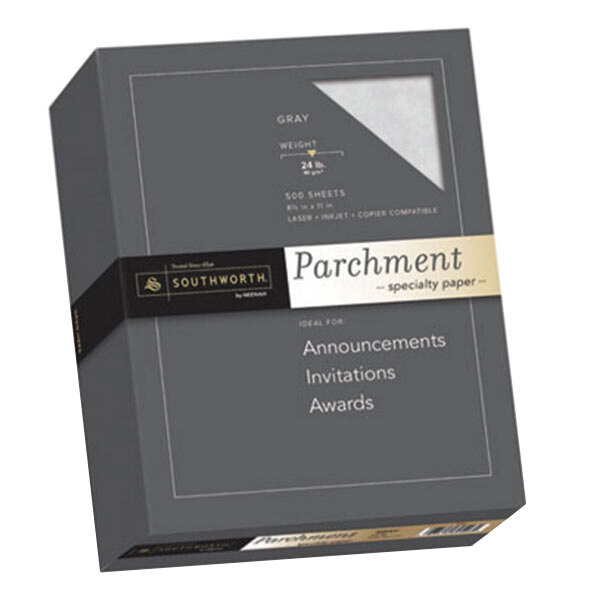 A box of Southworth gray parchment paper with a black and white label.