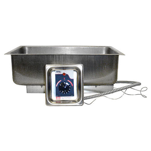 A stainless steel APW Wyott electric drop-in hot food well on a counter with a cord.