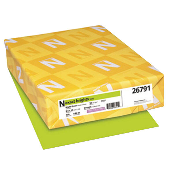 A yellow and green package of Neenah Bright Green copy paper.