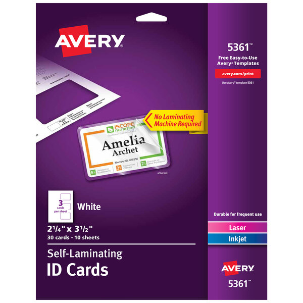 A purple package of white Avery self-laminating ID cards with a white label.