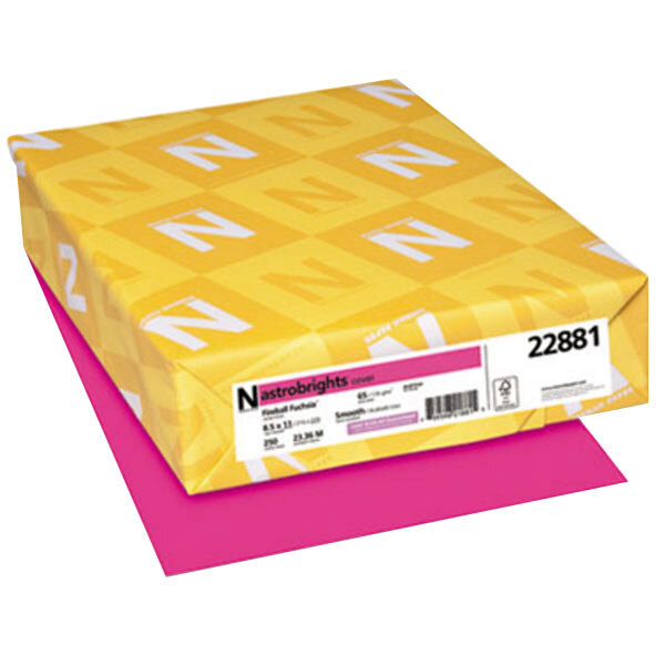 A yellow box with white and pink labels for Astrobrights Fireball Fuchsia paper.