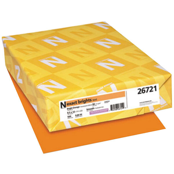 A yellow package of Neenah Bright Orange copy paper with white and yellow labels.