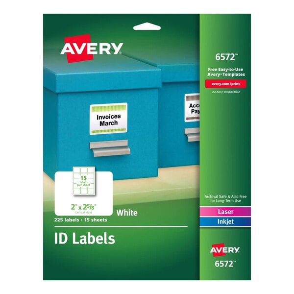 A package of white Avery ID labels with green text on a white background.